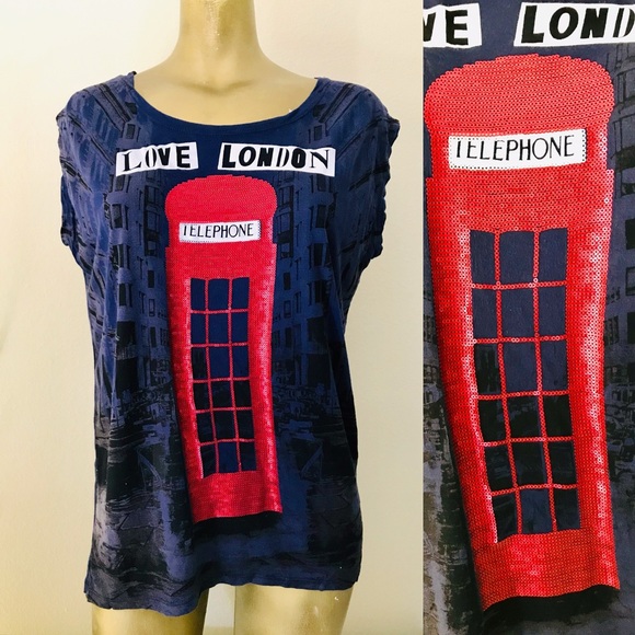 Unique ATMOSPHERE Cool SEQUIN and Appliqué LONDON Themed Sleeveless TOP M/L - Picture 2 of 9